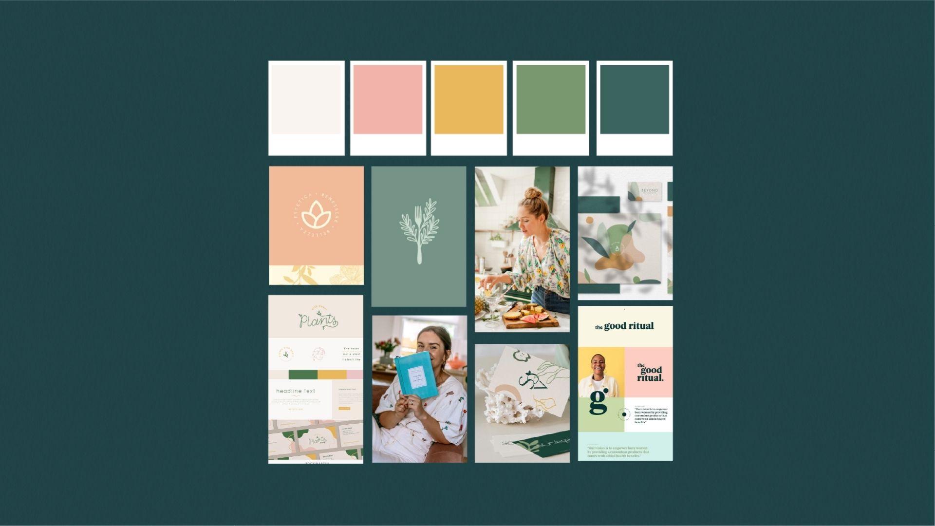 Moodboard per il progetto ABC Laura Cooking, che presenta una palette di colori in alto (rosa chiaro, giallo senape, verde salvia, verde scuro, verde petrolio) e diverse immagini ispirazionali. Le immagini includono elementi naturali, persone sorridenti che cucinano o interagiscono con il cibo, e mockup di branding con logo e grafiche minimaliste.