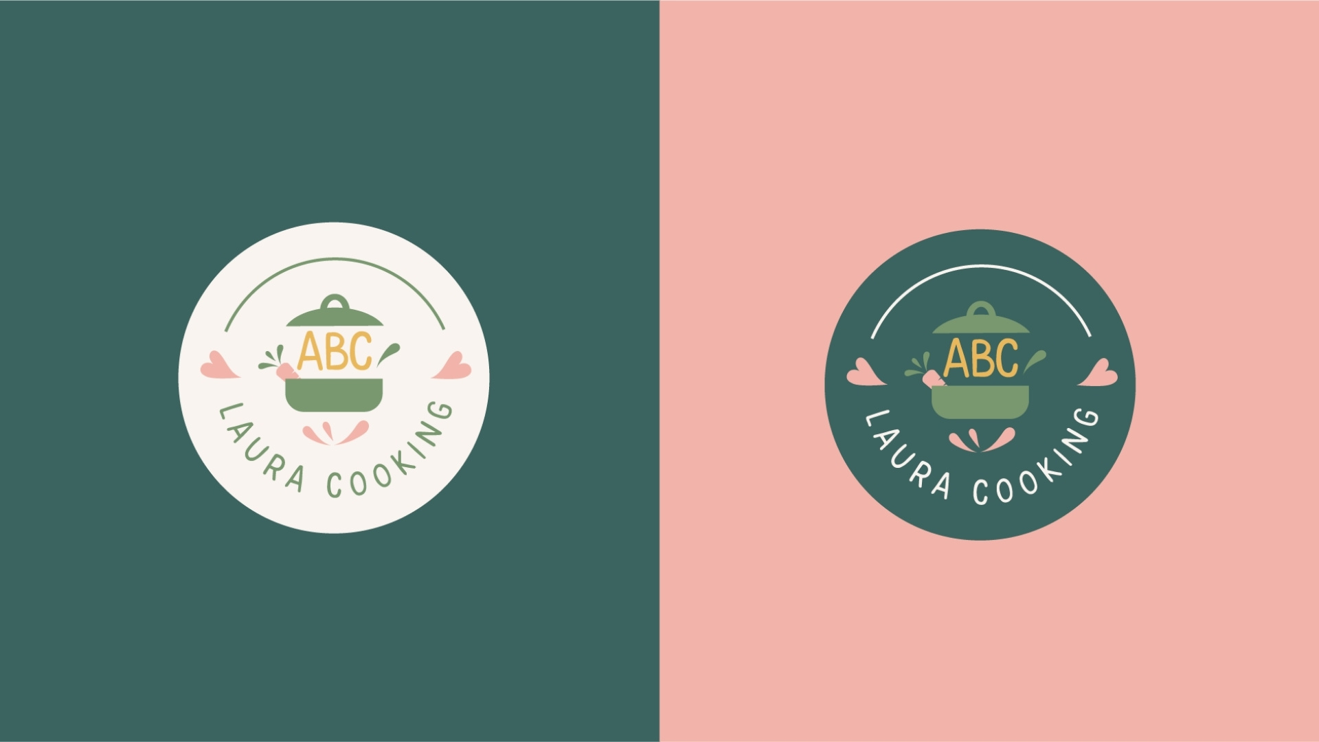 Due varianti del logo circolare di ABC Laura Cooking su sfondi colorati. Il logo è una pentola verde con le lettere 'ABC' e il testo 'LAURA COOKING' circolare. La versione a sinistra è su sfondo verde petrolio, la versione a destra su sfondo rosa chiaro. Entrambe le versioni includono piccoli cuoricini rosa intorno al logo.