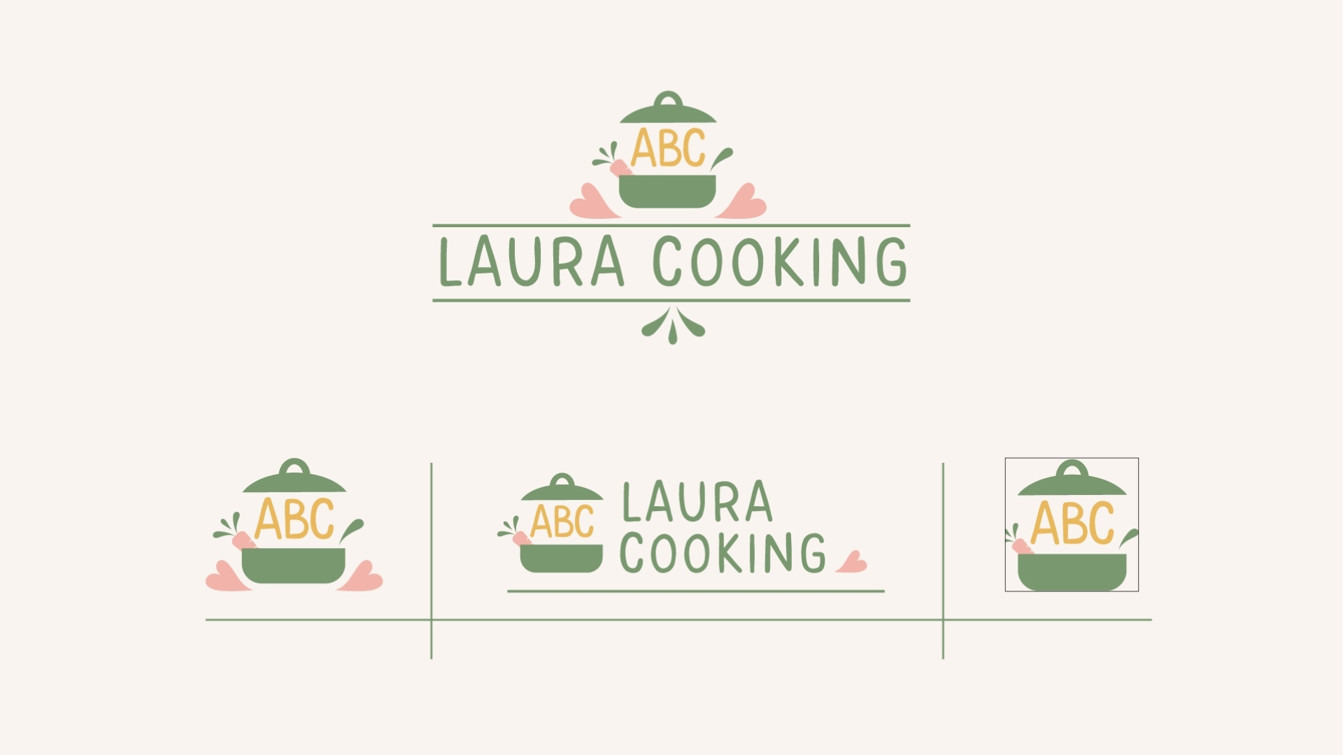 Variazioni del logo ABC Laura Cooking. La sezione superiore mostra il logo completo con una pentola verde, le lettere 'ABC' e il testo 'LAURA COOKING' sottolineato. Sotto, ci sono tre icone separate che mostrano diverse configurazioni del logo: solo la pentola con 'ABC', la pentola con 'ABC' e 'LAURA COOKING' affiancati, e solo la pentola con 'ABC' in un riquadro.